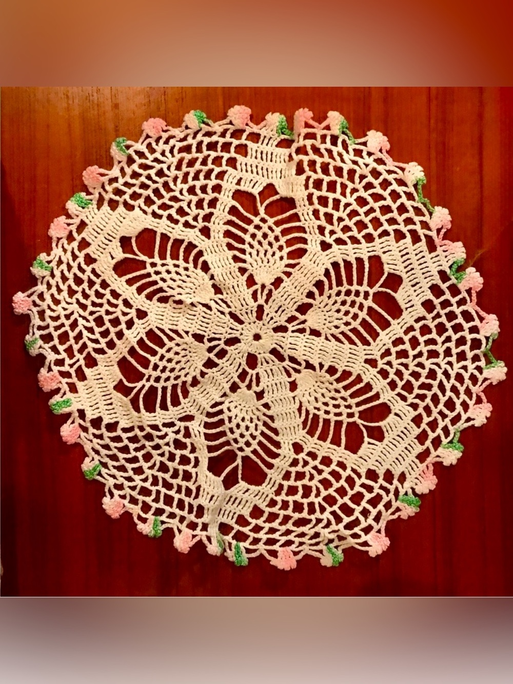 Vintage Hand Knitted Doily—Floral Pattern, Cream w/ Pink/Green Trim—Granny Chic
